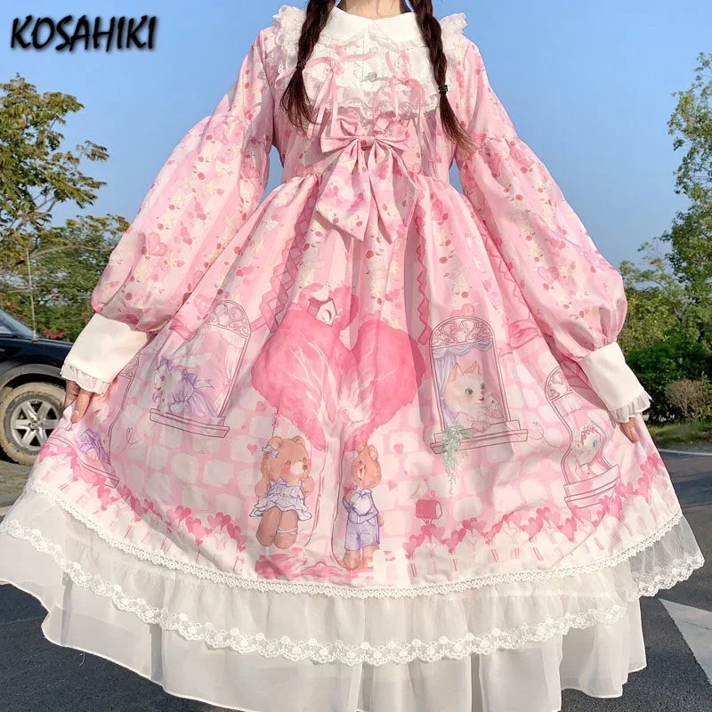 Kosahiki Lolita style sweet dress women cartoon bear sister Princess dresses kawaii Japanese female pink long sleeve Vestido