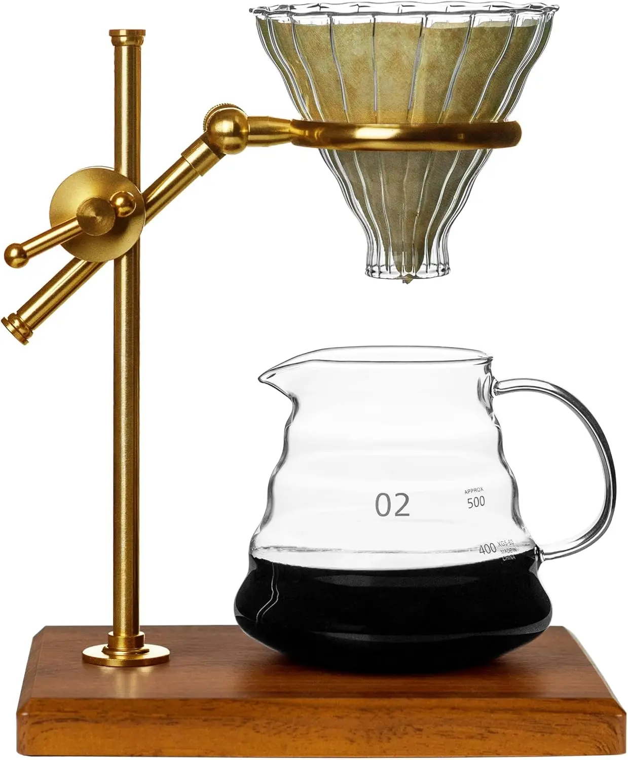Pour Over Coffee Maker Set, Pour Over Coffee Maker with Stand, Adjustable Stainless Steel Stand, Wooden Base, Paper Filters