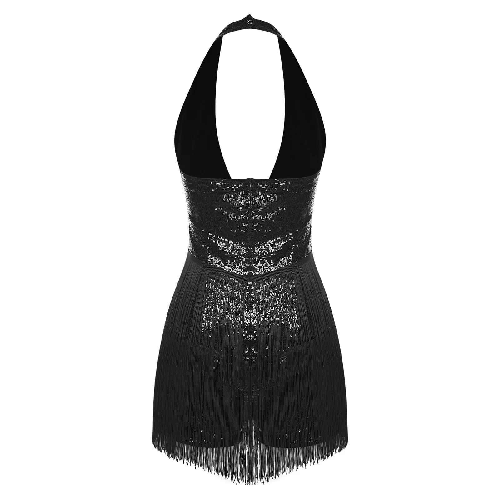 Womens Shiny Sequin Bodysuit Rompers Halter Plunging V Neck Backless Tiered Tassel Fringe Jumpsuit Playsuit Disco Dance Clubwear
