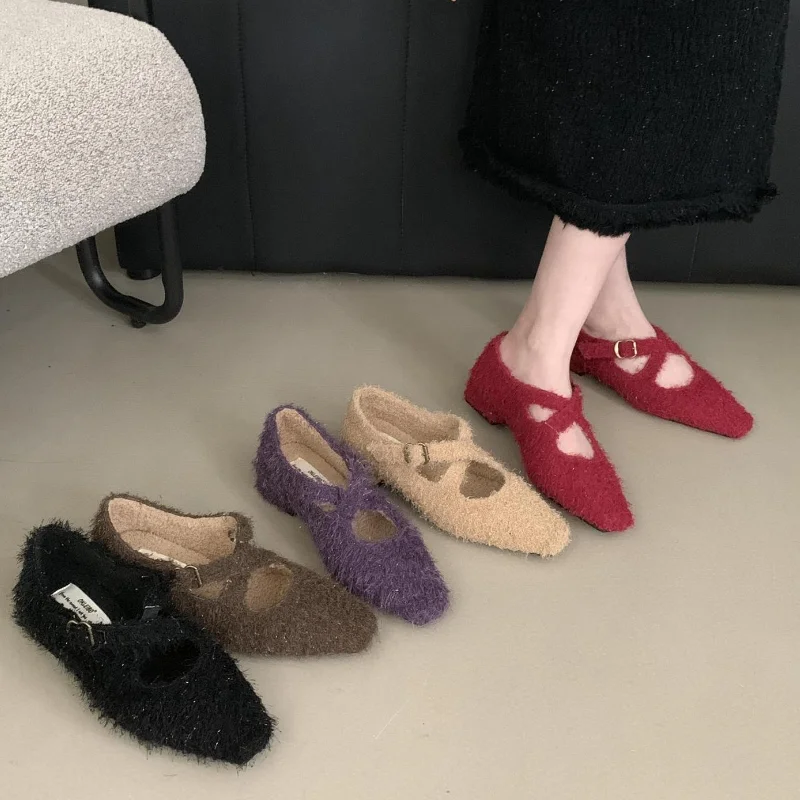 Winter NEW Square Toe Low Heel Shoes Shallow Women Fashion Wram Plush Ladies Elegant Grandma Shoes Red Fur Dress Ballerinas