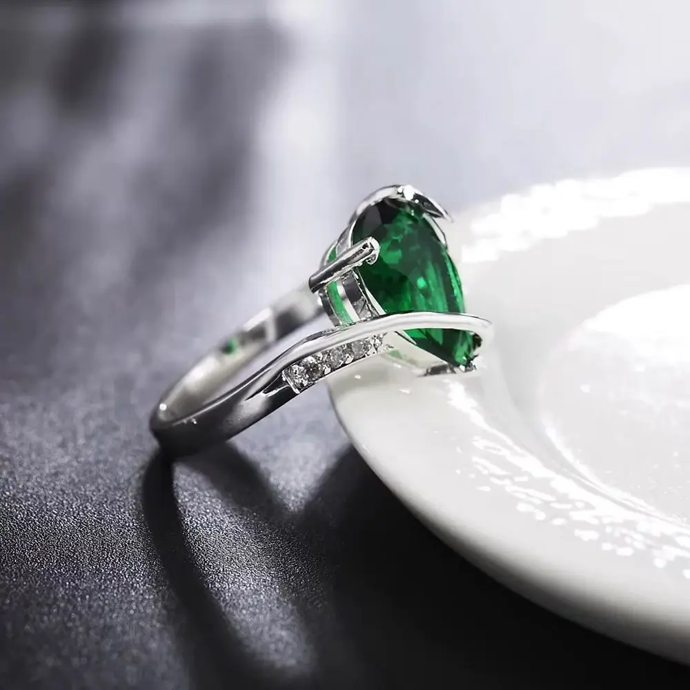 925 Sterling Silver Green Crystal Water Droplets Rings For Women Size 7 8 Fashion Christmas Gifts Engagement Wedding Jewelry