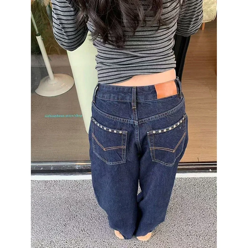 

Женские винтажные синие джинсы с высокой талией, осень 202, Y2K, уличная одежда в американском стиле ретро 2000-х годов, прямые повседневные свободные широкие джинсовые брюки