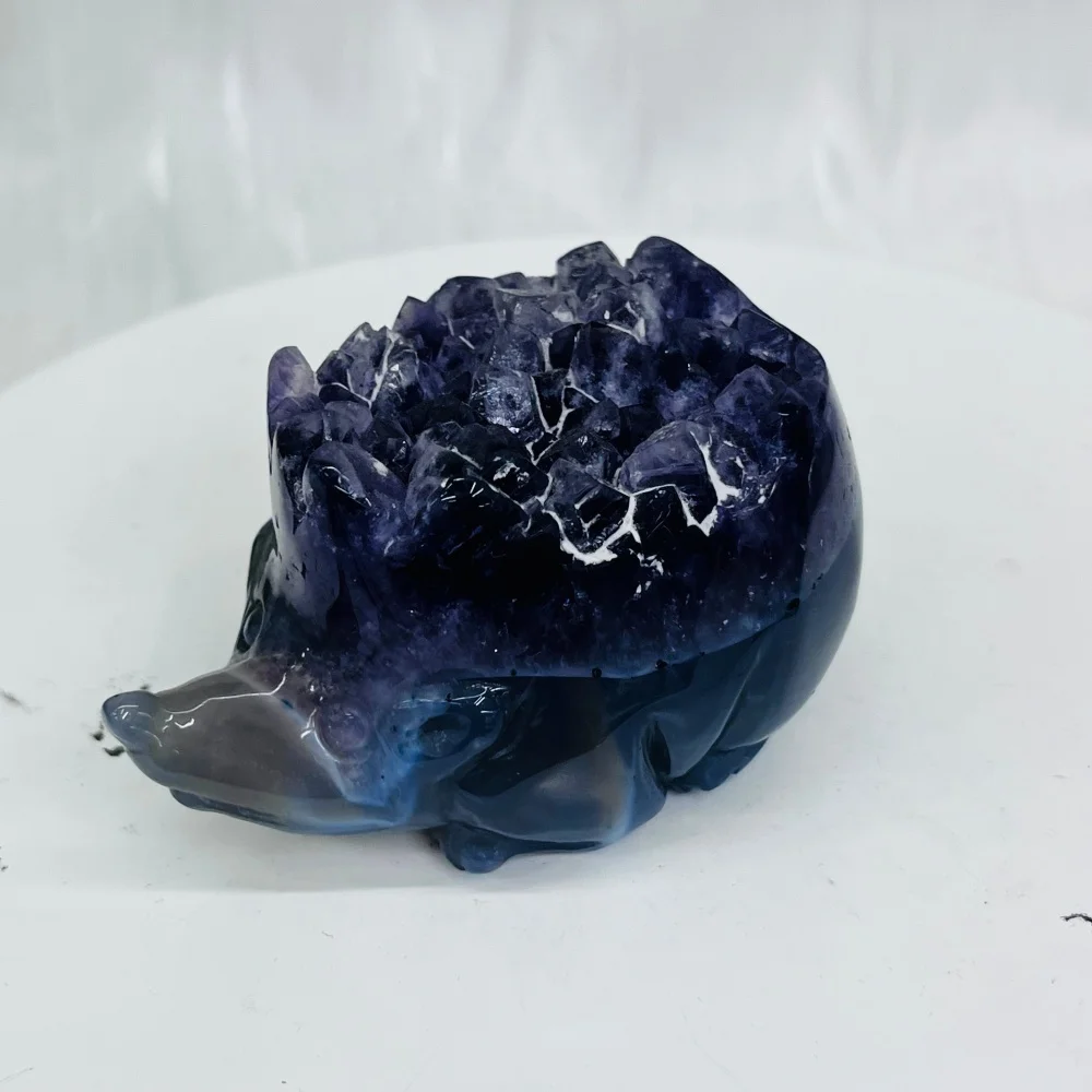 1PC Natural Amethyst Geode Agate Hedgehog Crystal Carving Hand Carved Natural Agate Animal Crystal Healing Pendant Decor Gift