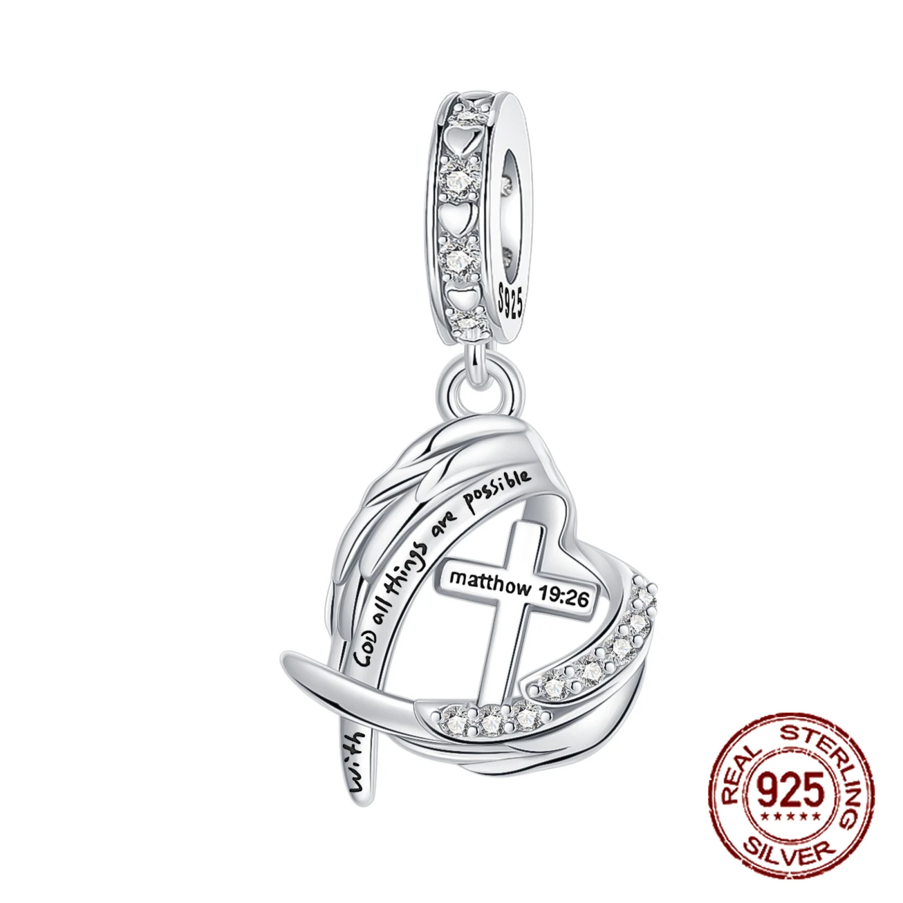 

925 Sterling Silver with God All Things Are Possible Cross Pendant Charm Fit Original Charm Bracelets Women DIY Jewelry Gift