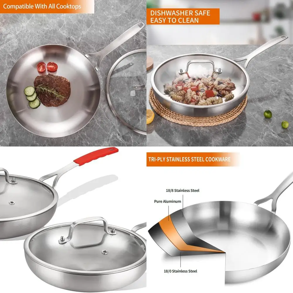 

8 & 10 Tri-Ply Stainless Steel Frying Pan Set with Lid, Induction Compatible Chef's Cookware, Oven & Dishwasher Safe