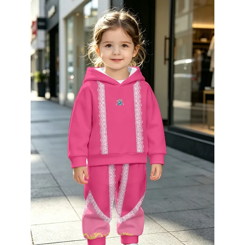 Kids Hoodie Jogger: Lace Crown Trim, Floral Cartoon Girl Print, Starry Moon Princess Graphic Kids Tracksuit