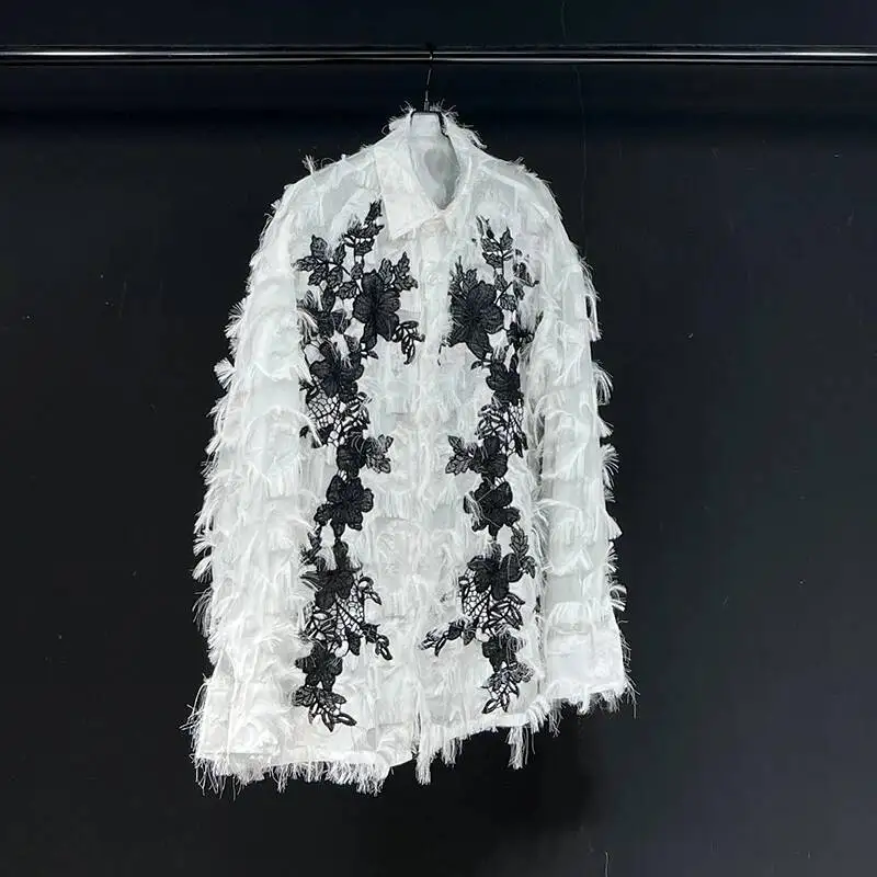 Trendy Male Shirt 2025 New Personality Lace Print Patchwork Decoration Loose Casual Long Sleeve Shirts Fashion Tops LQ27