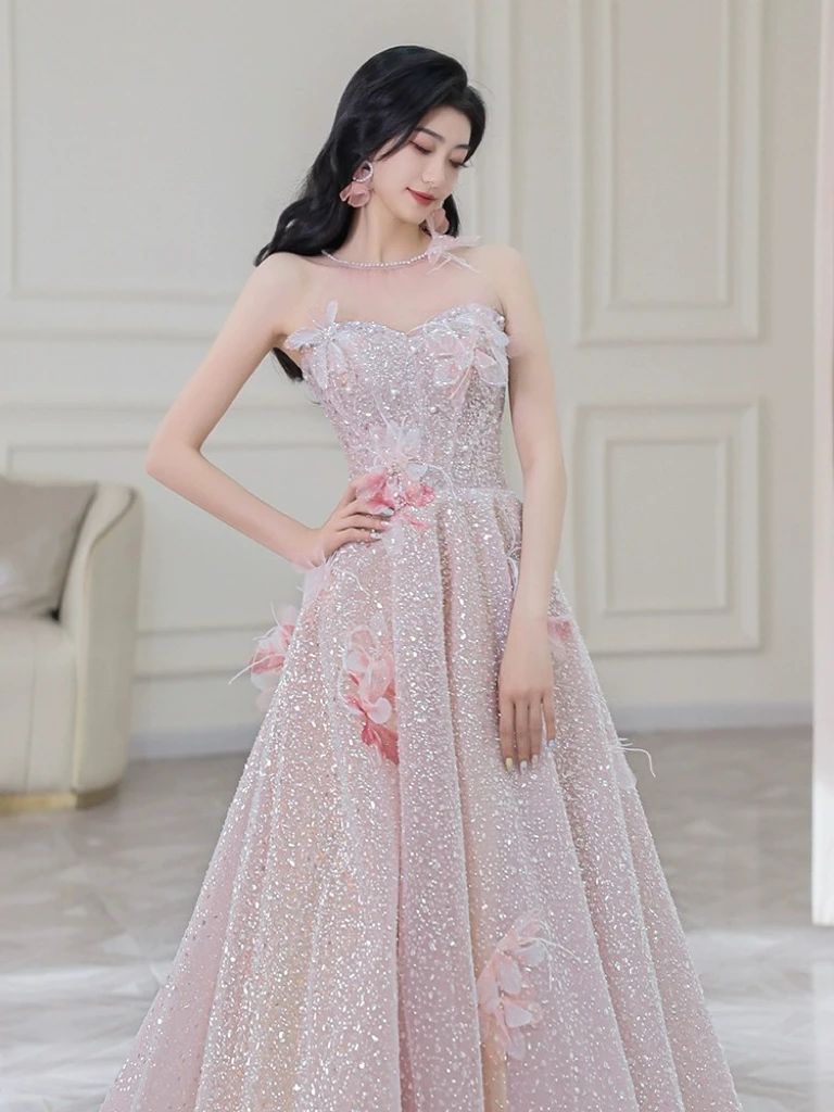 Vestido de dama de honor de lujo, apliques de flores de perlas, lentejuelas, plumas, línea A, ocasión Formal, quinceañera, dulce tostado, vestidos de noche para novia