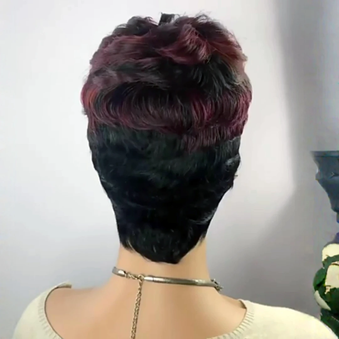 Parrucca bordeaux Pixie Cut per le donne capelli umani 1 b99j # parrucca corta onda riccia Pixie Bob parrucche parrucca corta fatta a macchina piena