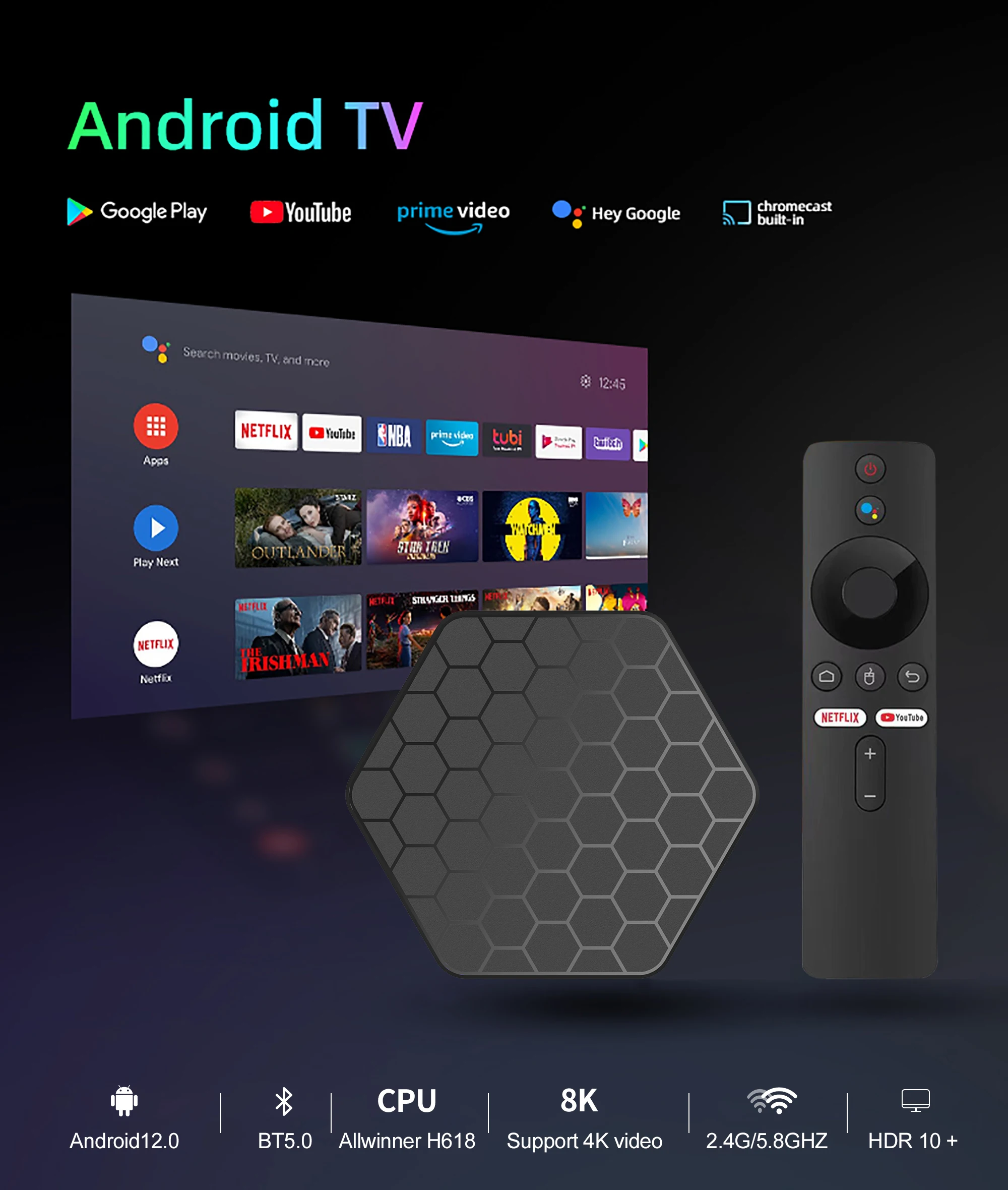 

Android12 Smart TV Box Wifi6 AllWinnerH618 Ethernet 1000M 8KHDR Streaming Media Player 4G32G64G Chromecast Bluetooth T6