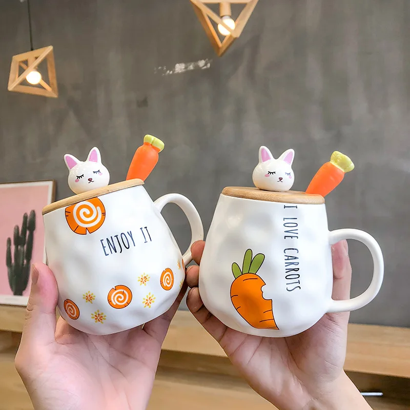 ins cartoon radish rabbit wooden cover ceramic cup female cute with spoon water cup mug household student couple cup