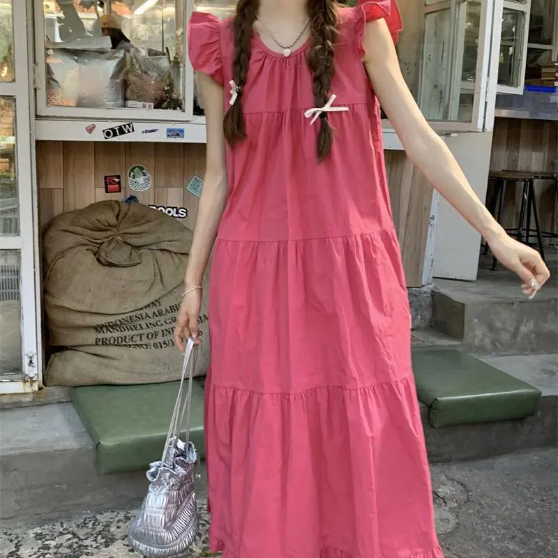 Female Clothing Sweet Flying Sleeve Midi Dress Solid Color Loose Summer Fashion Patchwork Folds Korean A-Line O-Neck Dresses New