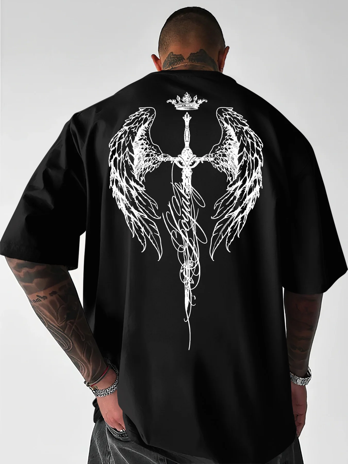 Oversized Drop Shoulder Men T Shirt Back Wing Sword Crown Script Print Crew Neck Casual Tee S-XXL