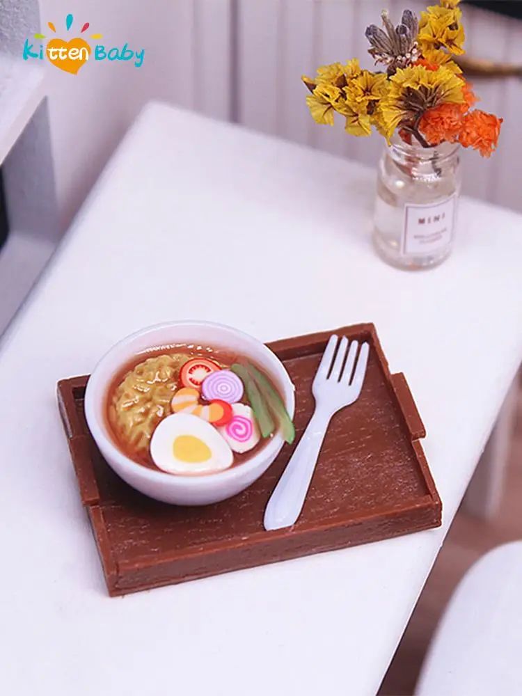 Cute Mini 1:12 Scale Dollhouse Miniature Instant Noodles Bowl with Fork Tray Set for Doll Food Kids Kitchen Toy