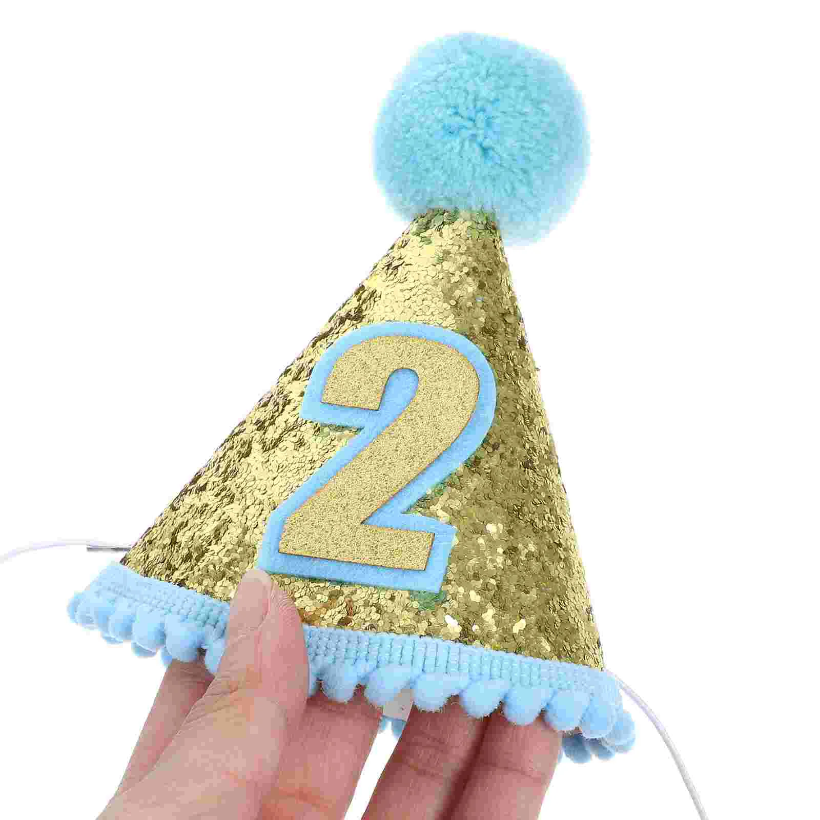 Glitter Sparkle 2nd Birthday Cone Hat with Adjustable Headband for Baby Girl Party Supplies (Blue) party hat