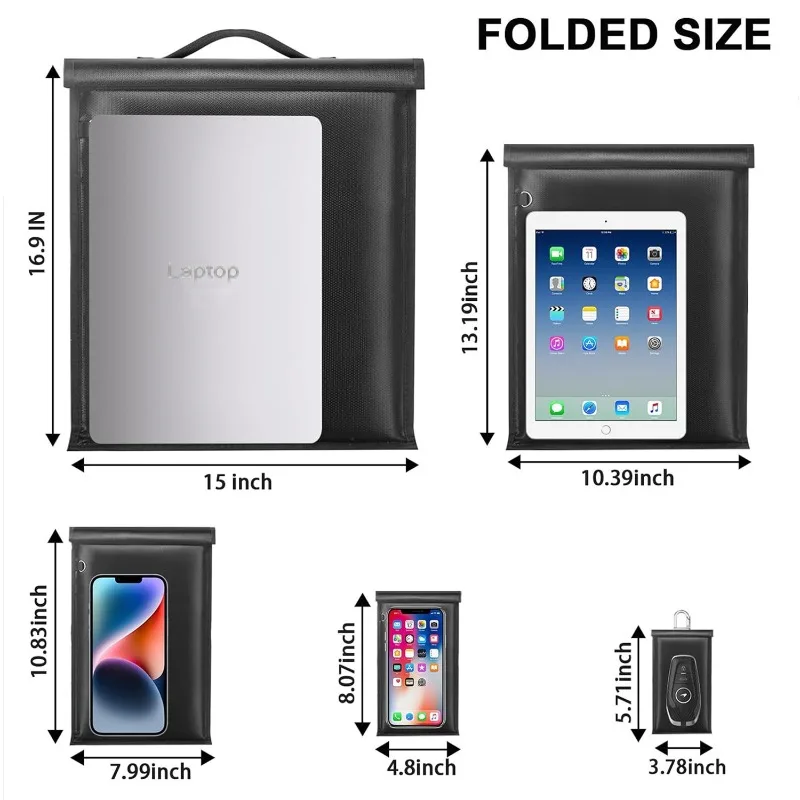 5PCS Black Waterproof Fire-Resistant RFID Shielding Pouch with Handle Faraday Bag For EMF Protection Theft Tracking Prevention