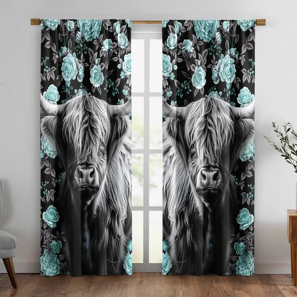 Elegant Highland Cow Floral Print Curtains for Living Room Bedroom Home Decor Window Treatment