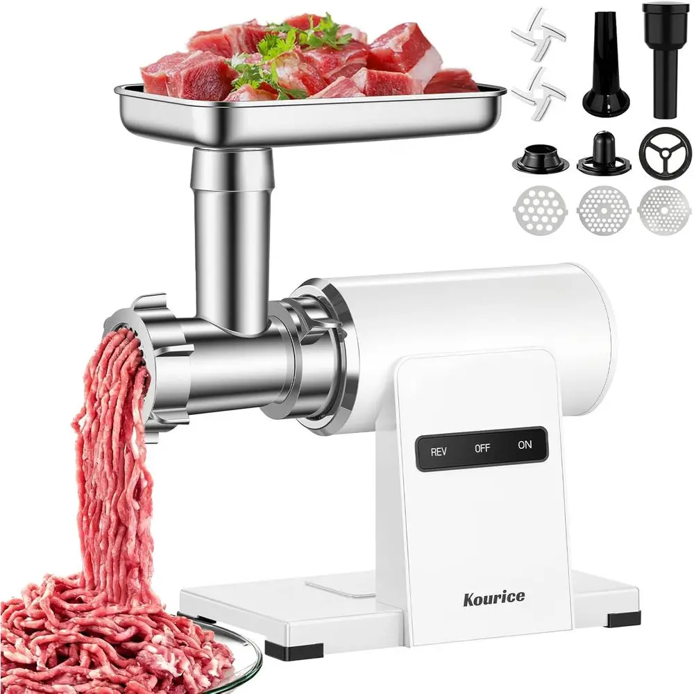 

Electric Meat Grinder, Sausage Stuer, 5.5LBS/Min with Copper Motor & Metal Gears, Auto-Reverse, 2 Blades, 3 Grinding Plates & Ku