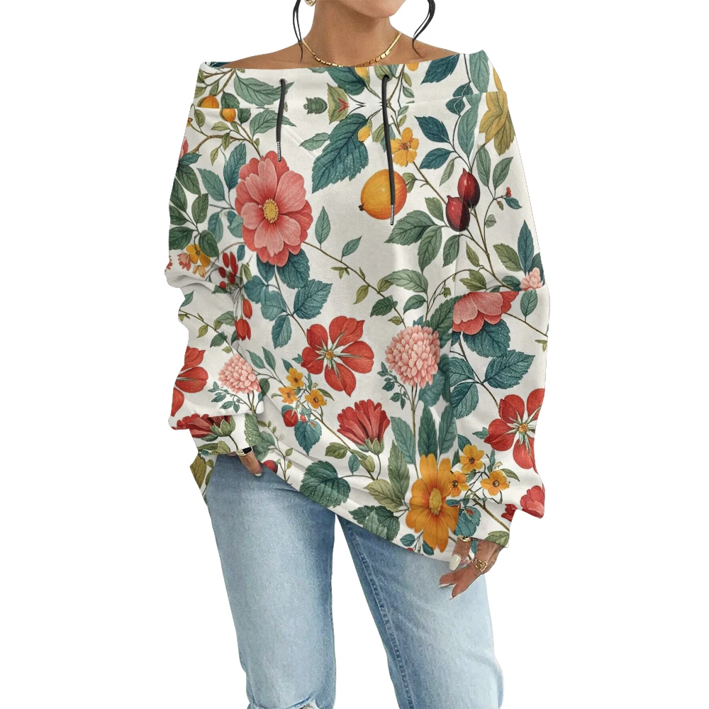 

Женские модные толстовки с открытыми плечами с цветочным принтом и ботаническим принтом, пуловеры большого размера с графическим рисунком, свободная посадка для повседневной шикарной уличной одежды
