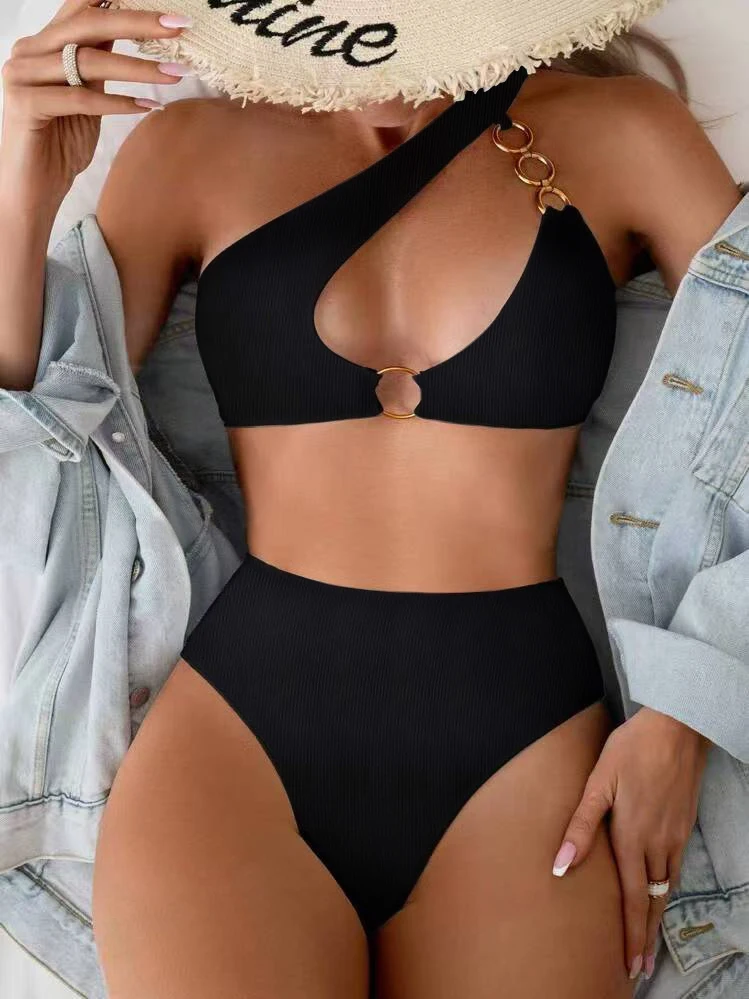 

Women's One Shoulder High Waist Bikini Set – Black Ribbed Fabric with Gold Ring Cutout Two Piece Swimsuit