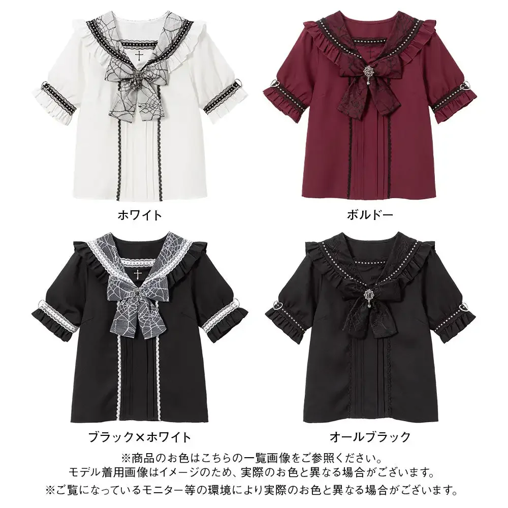 Japanse Mine Preppy Stijl Sweet Lolita Blouse Kanten Stiksels Strik Diamant Matroos Kraag Korte Mouw Shirt Top Voor Vrouwen