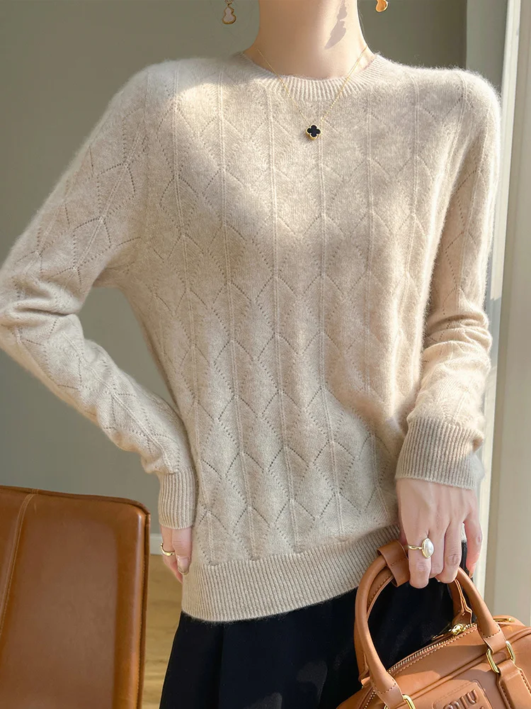Spring Autumn 100% Merino Wool Knitwear Women' Sweater O-neck Hollow Out Diamond Solid Color Pullover Long Sleeved Simple Style