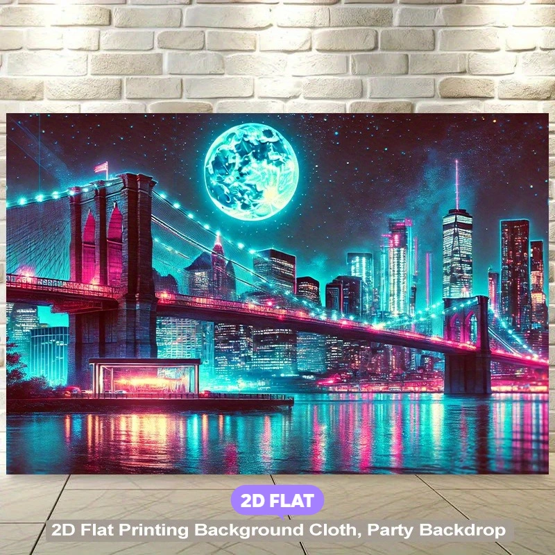 Neon City Bridge Moonlight Skyline 2D Flat Tapestry Backdrop For Bedroom Decor Cyberpunk Urban Wall Hanging Art Print Poster