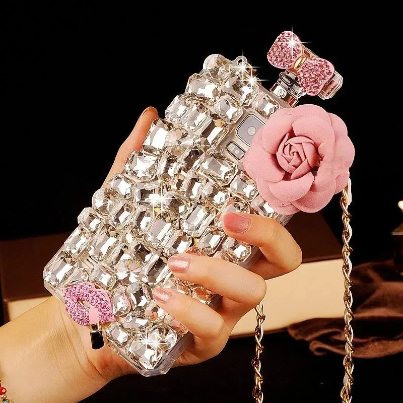 Luxury DIY Colorful Diamond Flower Perfume Bottle with Chain Lanyard Case for Iphone 14 15 13 12 16 Pro MAX XS Max XR X 16Plus