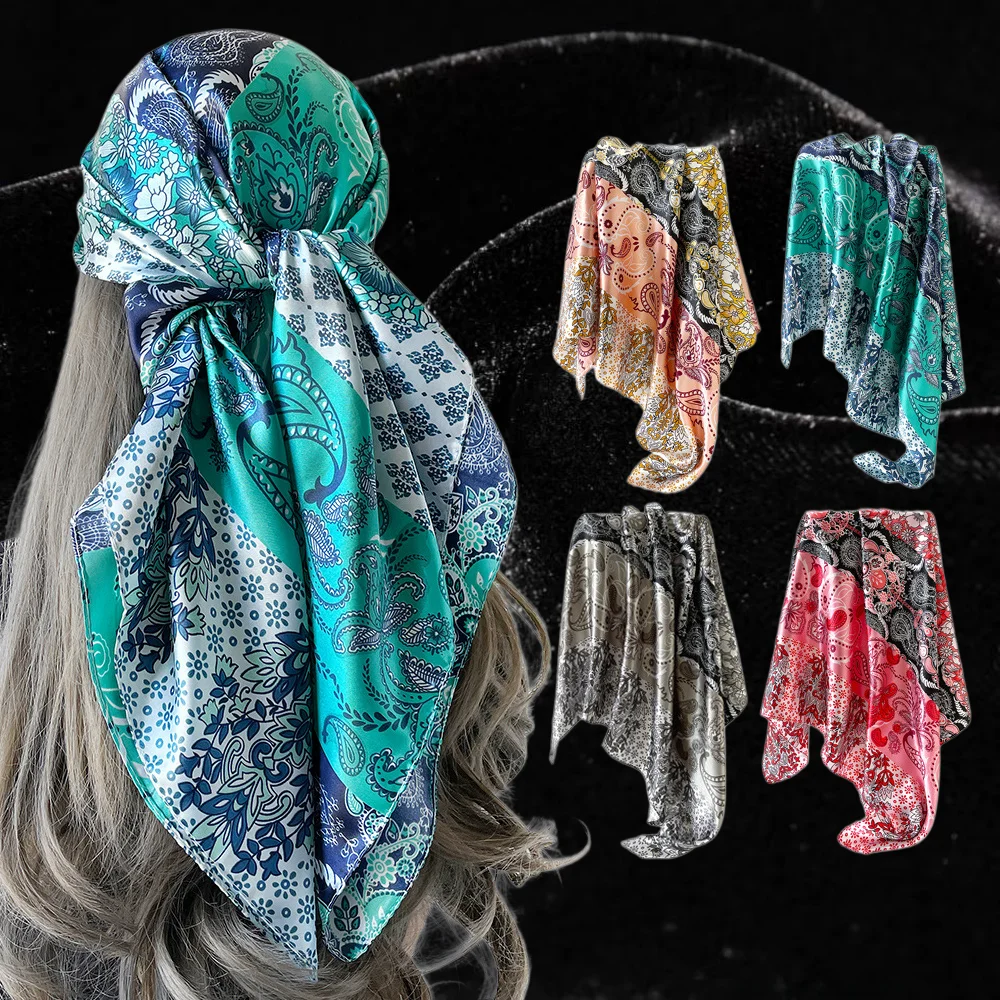 90cm Paisley Print Satin Square Scarf Wild retro headscarf fashion accessory Red paisley print headscarf women wild style