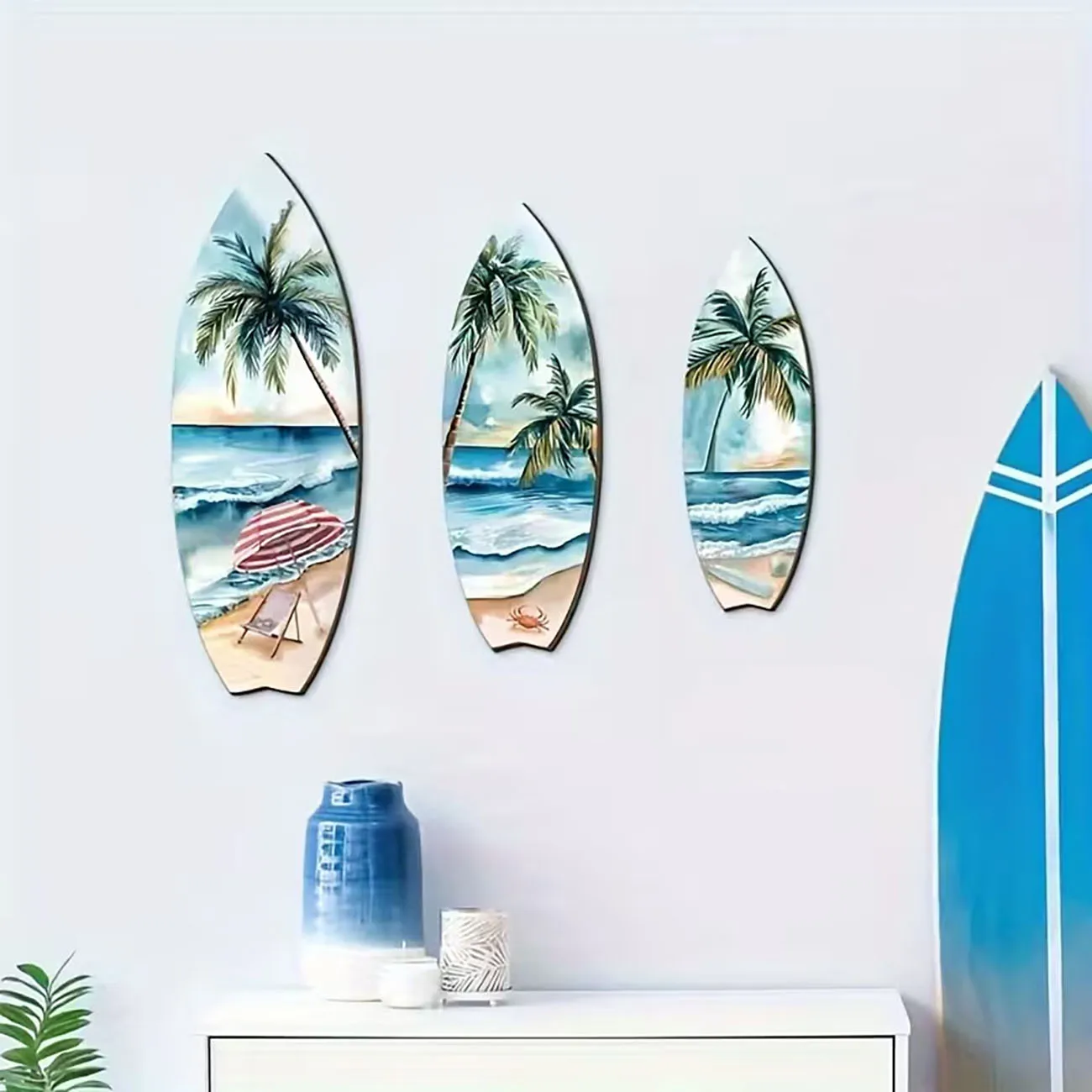 3pcs Ocean View Surfboard Wooden Wall Art Set with Double-Sided Nano Tape, Palm Tree Beach Wood Decor for Summer Home view 4