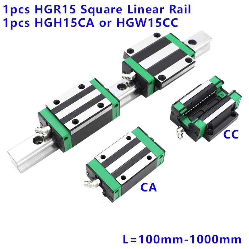 1pcs HGR15 Square Linear Rail 100-1000mm + 1pcs HGH/HGW15CA/HGW15CC Slider Set for CNC Router Engraving Milling Machine Parts