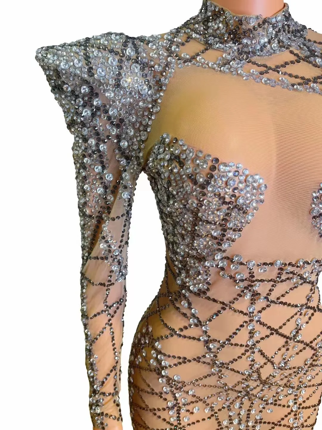 Customized High Shoulder  Mesh lace Transparent High Elastic Sequins Sexy Tight Dress Birthday Party  Dress Performance Dress