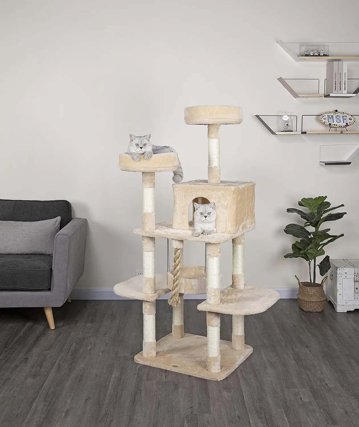 Jungle Rope Cat Tree Kitty Condo Tower House Furniture with Swing Bed for Indoor Cats, Beige