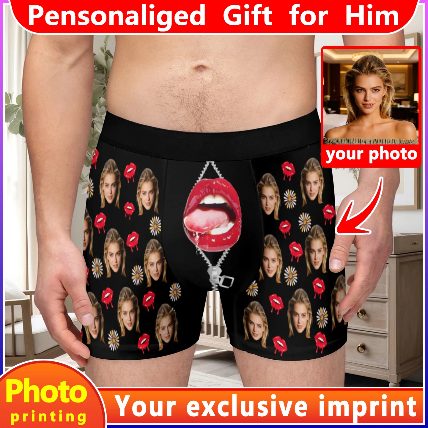 Customized Personalized Facial Photo Underwear Men's Flat Corner Valentine's Day Gift Husband Anniversary Gift Father Son Birthd