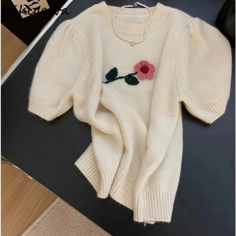 Mohair Sweater Short Knitting Tops Cropped Pullovers for Women Floral Short Sleeve O-neck Jumper Sueter Mujer Sweet Chic Jumper