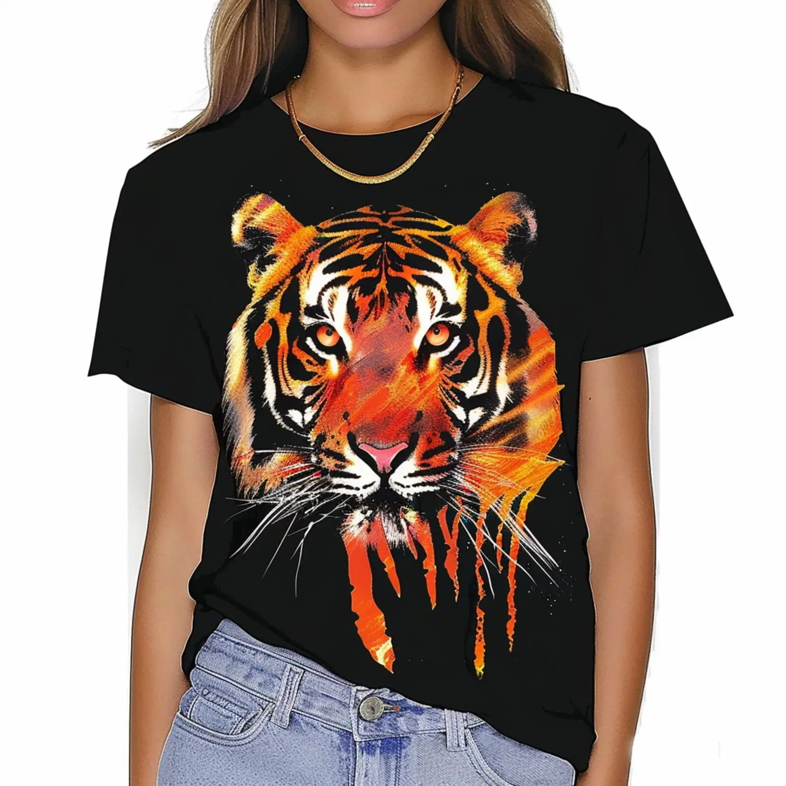 

Vibrant Tiger Print Black TShirt Digital Art Style Colorful Design