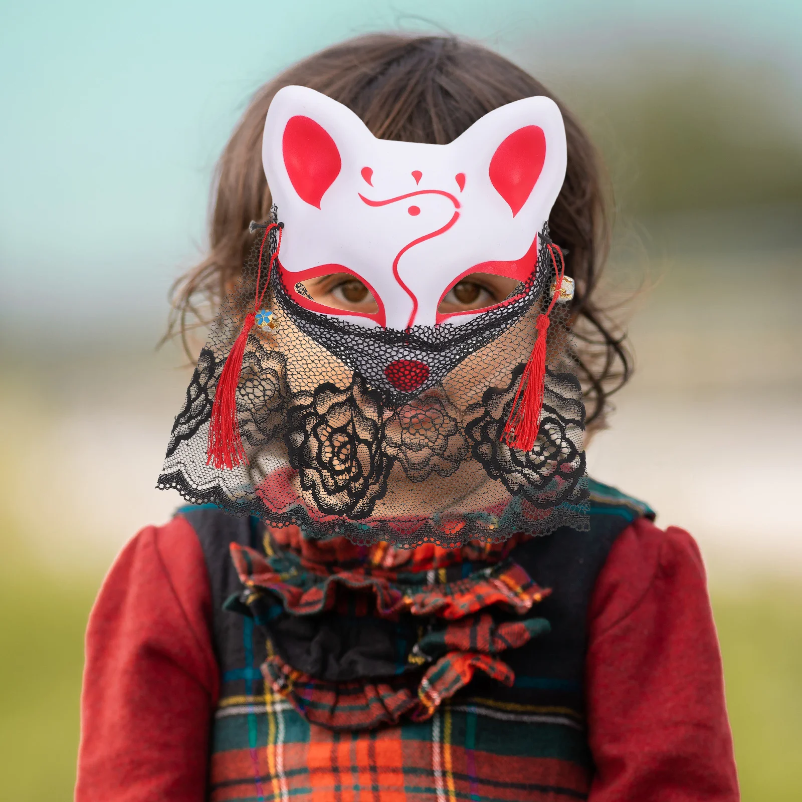 

White Fox Halloween Cosplay Masks Masquerade Facial Half with Veil Men and Women