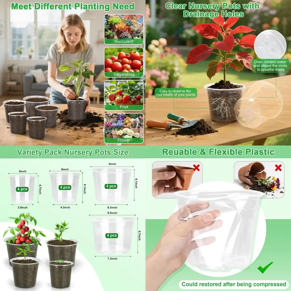 

Большие прозрачные горшки для рассады 10/8/6/5 дюймов с дренажом, набор из 16 пластиковых галлонных горшков для растений, сада и суккулентов