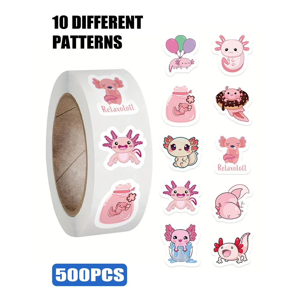 500pcs Cute Axolotl Graffiti Stickers Roll Cute Animal Cartoon Decal Kids Toy Suitcase Scrapbook Diary Phone Laptop Sticker Pack