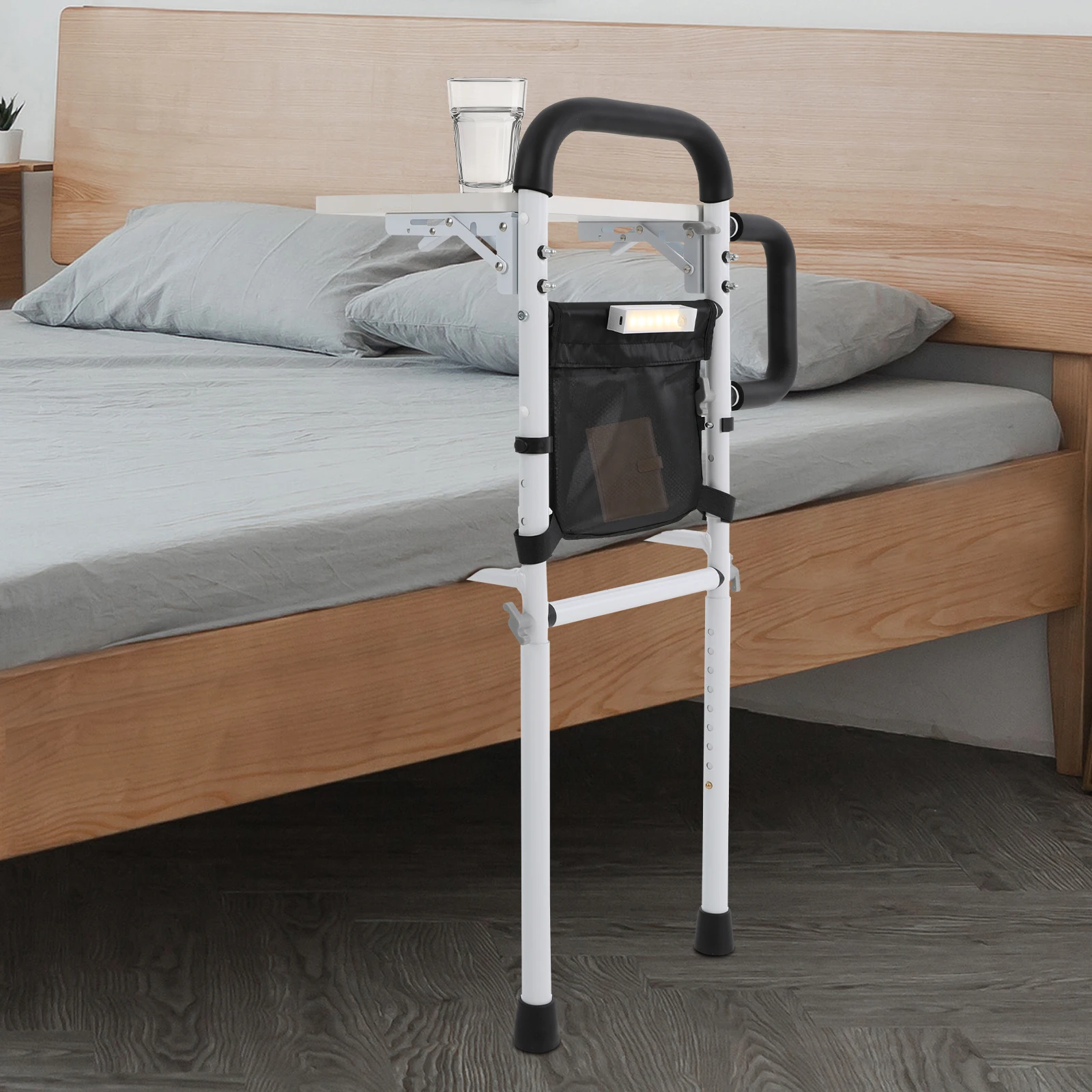 ราวกั้นเตียงปรับระดับความสูงได้ รับน้ำหนักได้ 136 กก. สำหรับผู้สูงอายุ ช่วยพยุงยืนขึ้น พร้อมที่จับสำหรับดูแลผู้ป่วยที่บ้านและโรงพยาบาล