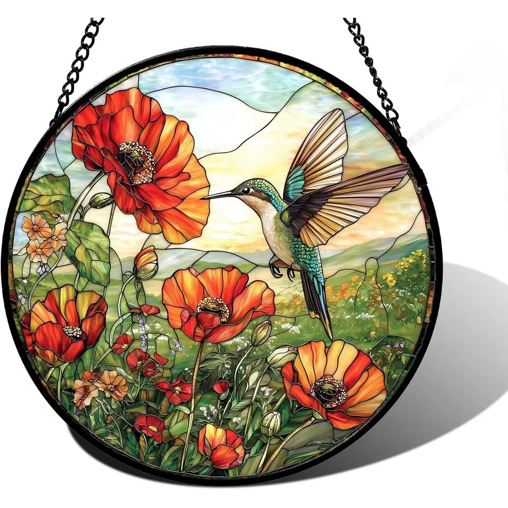 

Витражная подвеска на окно, оранжевый солнечный ловец с птицами, стеклянная панель с алмазным узором, декор для дома или на день рождения