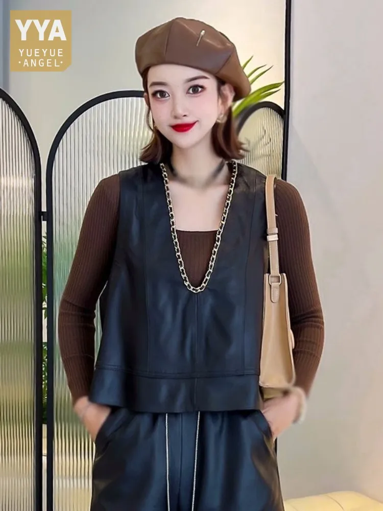 Spring High Street Female Genuine Leather Vest Chain V-Neck Sheep Leather Sleeveless Pullover Tank Jacket Casual Women Waistcoat