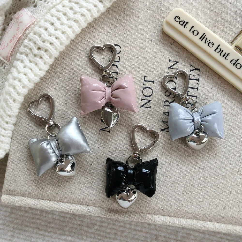 Stylish Y2k Cotton Filling Leather Bowknot Heart Keychains Girl Phone Lanyard Bow Key Chain Backpack Decoration Accessories Gift