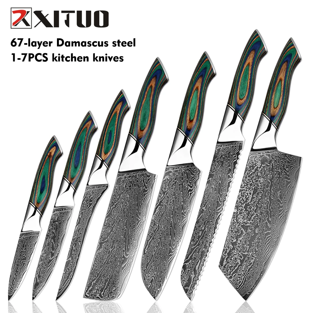 Professionelles Kochmesser-Set, 1–7 Stück, Damaststahl, Brot, Santoku, Hackmesser, Stäbchen, Knochen, Kochmesser, grüner Holzgriff