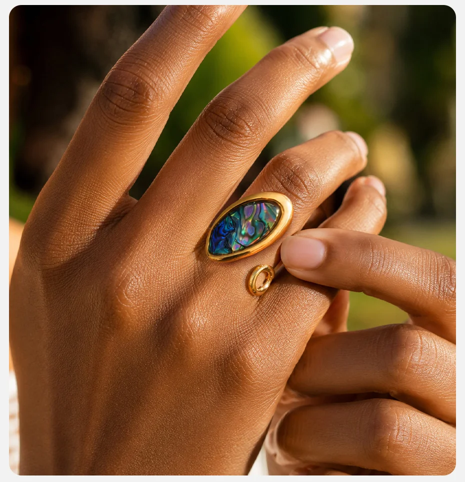 Vnox Mehrstiliger Unregelmäßiger Geometrischer Abalone-Muschel Offener Ring für Frauen, Goldfarben, Edelstahl, Boho-Strandschmuck – Detail 3