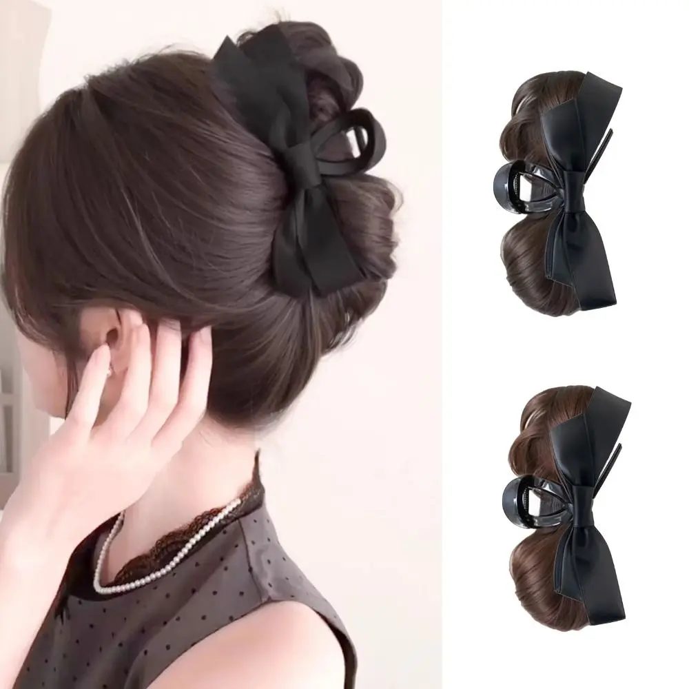 

New Synthetic Hair Bun Claw Clip with Bowknot Fluffy Wig Hair Clip Black Bun Head Wig Women