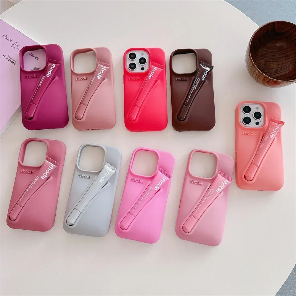 

Rhode Hailey Lipstick Holder Liquid Silicone Phone Case for IPhone 16E 15 16 13 14 12 11 Pro Max Plus 3D DIY Lip Gloss Ins Cover