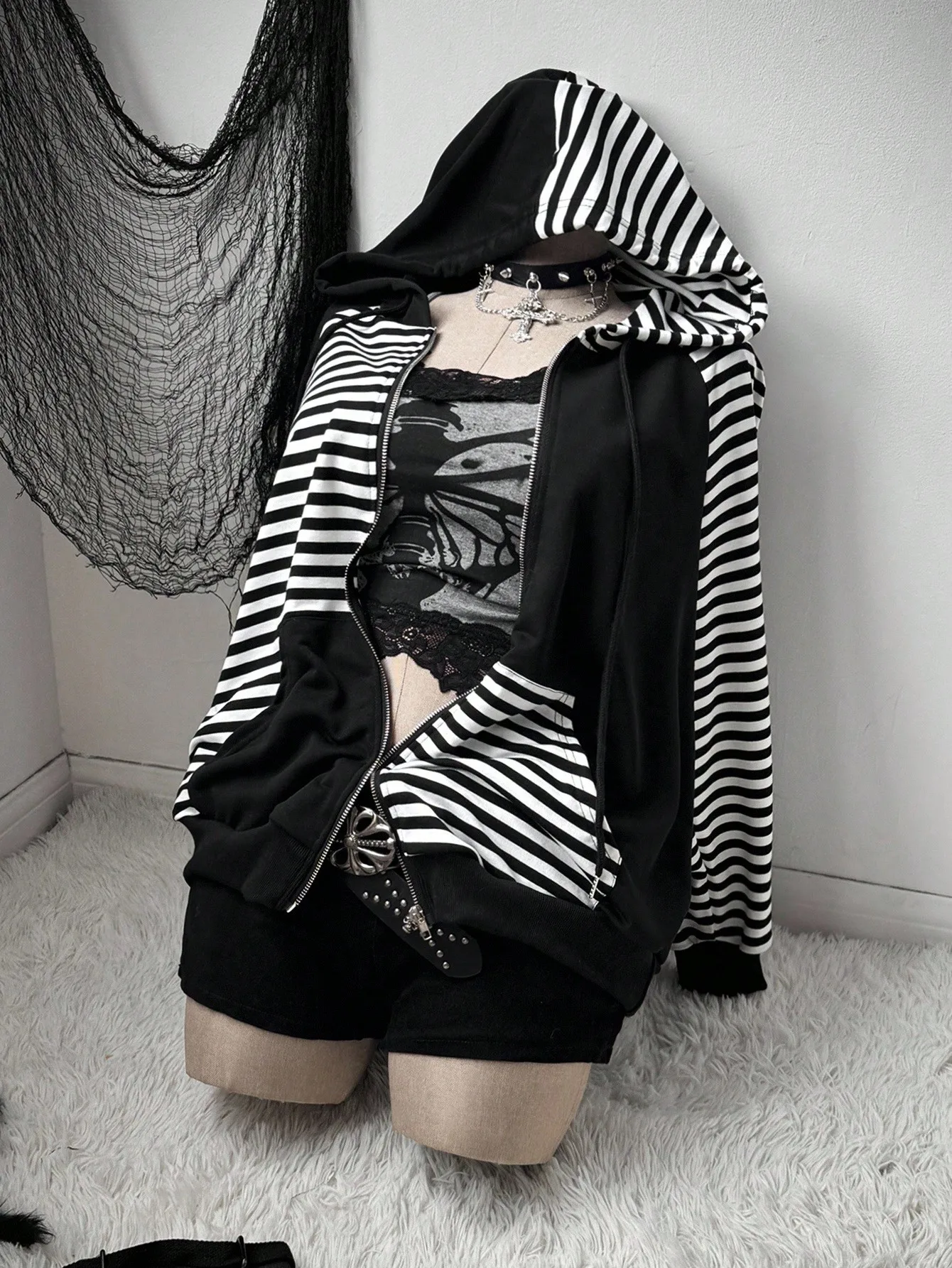 

Black and White Striped Gothic Hoodie with Zipper and Studs for Women