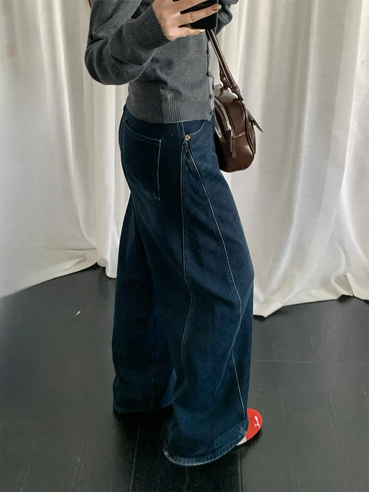 

Темно-синие винтажные женские джинсы с высокой талией, свободные широкие брюки, повседневные джинсовые ткани с водной талией, универсальные на четыре сезона