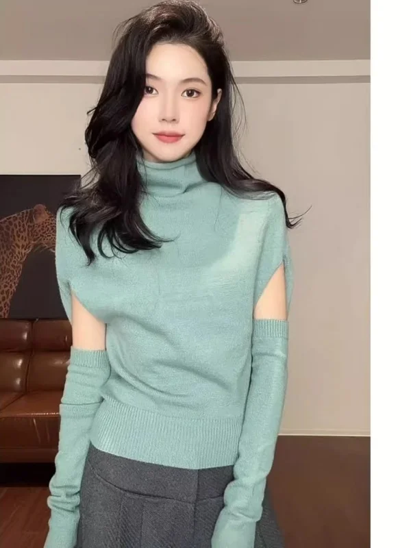 

Women's een High Collar Knitted Sweater Bat Sve Base Layer Spring Autumn Wearable Sve Cover up Sli Soft Knit Top